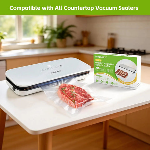 Pre Cut Vacuum Sealer Bags For Food 200 Count 8x10 BPA Free Embossed Heavy Duty Food Saver in use with countertop sealer