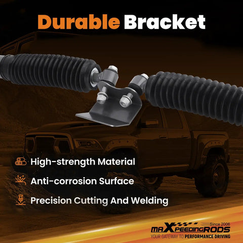 Dual Steering Stabilizer For Dodge Ram 2500 3500 4WD With Two Inch Lift G1 Version featuring durable bracket on lifted truck