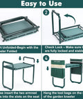 Folding instructions for 2 In 1 Garden Kneeler And Seat Foldable Bench With Ten Point Two Three Inch Wide Kneeling Pad Heavy Duty Gardening Stool With Dual Tool Pouches Ergonomic Kneeler For Seniors