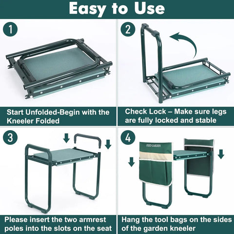 Folding instructions for 2 In 1 Garden Kneeler And Seat Foldable Bench With Ten Point Two Three Inch Wide Kneeling Pad Heavy Duty Gardening Stool With Dual Tool Pouches Ergonomic Kneeler For Seniors