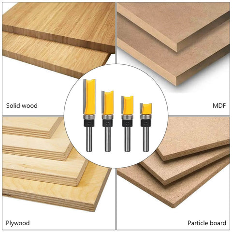 Flush Trim Router Bit Set With Top Bearing Four Piece Kit for Plywood, Hardwood, Softwood, MDF, and Particle Board.