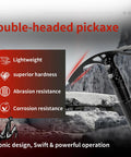 Double Headed Folding Pickaxe And Mattock For Camping And Yard Work All Purpose Tool displayed with durability features