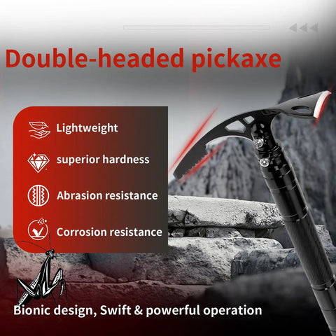 Double Headed Folding Pickaxe And Mattock For Camping And Yard Work All Purpose Tool displayed with durability features