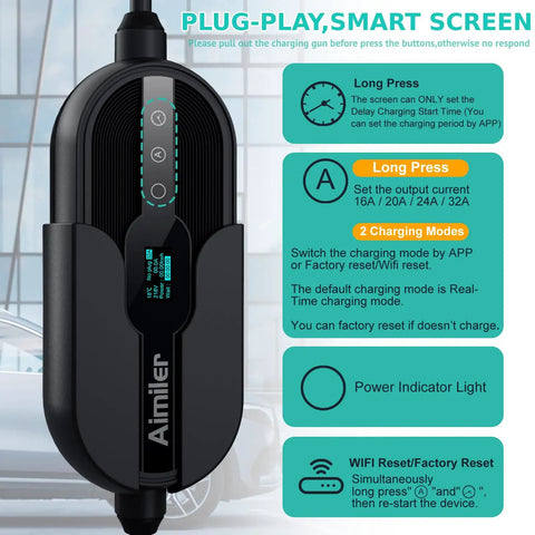 Level 2 EV Charger With WiFi App For Real Time Monitoring 32A 25Ft Cable ETL Certified 220 240V NEMA 14 50P Plug And Play Portable EVSE