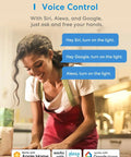 Woman using Smart Light Switch With HomeKit Siri Alexa Google Assistant and SmartThings 2.4GHz Wi-Fi for voice control.