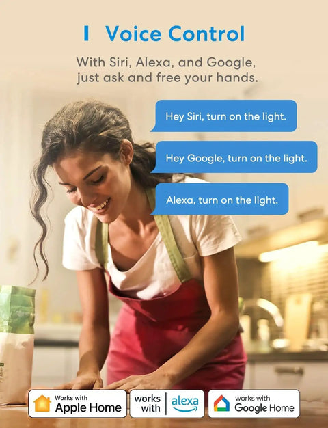 Woman using Smart Light Switch With HomeKit Siri Alexa Google Assistant and SmartThings 2.4GHz Wi-Fi for voice control.