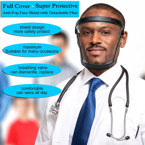 Unisex Anti Fog Full Face Shield With Detachable Filter worn by a doctor, providing full face coverage from brows to chin, black shield.