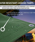 Close-up of green Beefed-Up Heavy Duty Canvas Tarp 12x16ft Water Resistant Tarps With Grommets showcasing water droplets and grommet