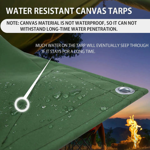 Close-up of green Beefed-Up Heavy Duty Canvas Tarp 12x16ft Water Resistant Tarps With Grommets showcasing water droplets and grommet