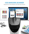 Bluetooth 1D Wireless Barcode Scanner With Hands Free CCD Reader Stand Built In Memory Works With Mac OS Windows iOS Android DS5000 with devices and barcodes visible.