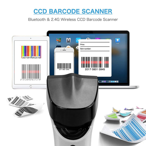 Bluetooth 1D Wireless Barcode Scanner With Hands Free CCD Reader Stand Built In Memory Works With Mac OS Windows iOS Android DS5000 with devices and barcodes visible.