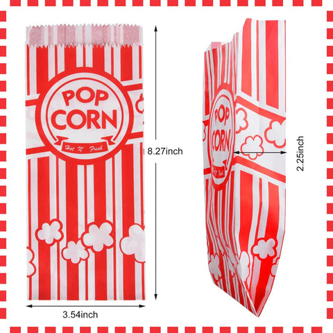Heavy Duty Paper Popcorn Bags 1 Oz Individual Servings 500 Pack For Popcorn Machines Small Mini Bags For Carnival Parties And Home Snacking Bulk Party Supplies For Events School Fundraisers. Red and white striped popcorn bags with dimensions.