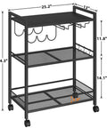 Sleek Black Three Tier Bar Cart With Smooth Rolling Lockable Wheels And Top Shelf Storage, dimensions 25.2x34.3in, metal frame.