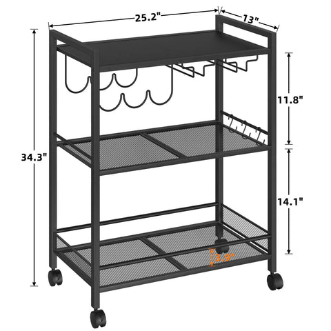Sleek Black Three Tier Bar Cart With Smooth Rolling Lockable Wheels And Top Shelf Storage, dimensions 25.2x34.3in, metal frame.