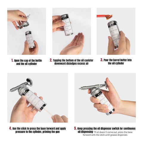 Steps for using a Mini Grease Gun For Tight Spots One Handed Push Type With Needle Nozzle 3oz Capacity Handy Lubrication Tool