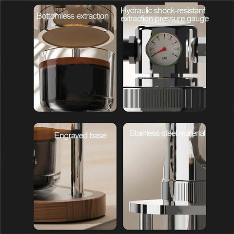 Pneumatic Air Pressure Coffee Machine With Manual Espresso Maker And Cold Brew Brewer Features Adjustable One To Sixteen Bar Hydraulic Gauge For Next Level Pulls And Chill Sip Vibes Anywhere, showing hydraulic gauge, bottomless extraction, and stainless steel material.