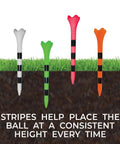 Four striped golf tees including Two And Three Quarter Inch Golf Tees Striped Citrus Orange 100 Pack With Four Prong Cup Design For Less Friction And Longer Drives Aerodynamically Tuned Durable Plastic Made In USA Great Value.
