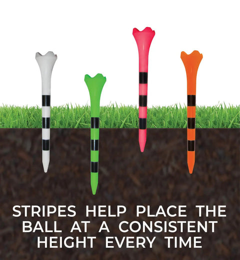Three And One Quarter Inch Striped Citrus Green Golf Tees Value Pack 100 Count With Four Prong Cup Design on grass display.