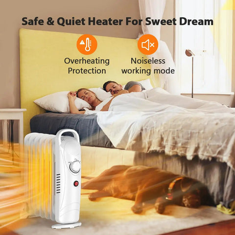 700W Portable Oil Radiator Heater For Small Rooms And Desks near bed providing quiet heating with overheat protection