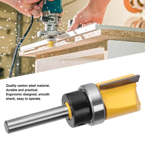 Top Notch 6mm Shank Flush Trim Router Bit Made From Tough Carbon Steel For Sleek Woodworking Cuts On Wardrobe Doors And Perfect Slotting Jobs That Get The Job Done Right Every Single Time, shown in use.