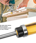 Top Notch 1/4 Inch Shank Carbon Steel Flush Trim Router Bit For Woodworking Pros, shown with woodworking tool in use.