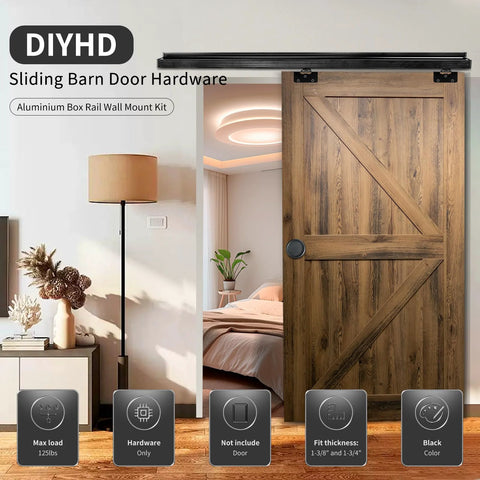 Interior Box Rail Sliding Door Hardware Kit for Wood Doors, wall-mounted aluminum alloy track, black finish, installed view.