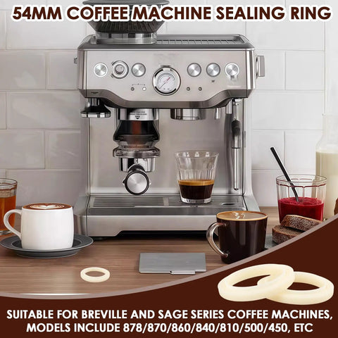 Espresso machine on a countertop with 54mm silicone steam ring gaskets suitable for Breville and Sage models, preventing leaks.
