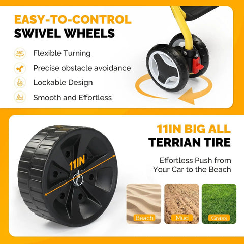 Close-up of 11-inch solid wheel of Heavy Duty Beach Cart With 11 Inch Solid Wheels Your Beach Day Workhorse For Sand And Grass