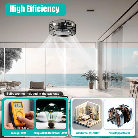 Ceiling Fan Light 18 Inch 3-Setting 40W Modern Mount for Living Room showcasing black mesh design in a bright living space.