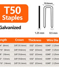 Heavy Duty T50 Galvanized Staples 5000 Piece Bulk Pack specifications chart showing length, crown, and thickness details.
