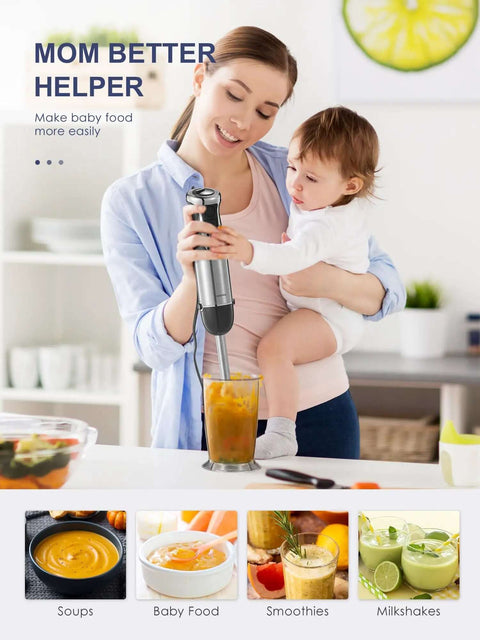 5 In 1 Heavy Duty Hand Immersion Blender With 1000W Copper Motor in use with a mixing beaker, making baby food in a kitchen.