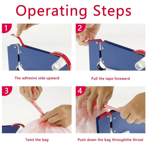 Heavy Duty Manual Bag Sealer With Razor Sharp Metal Tape Dispenser And Sweet Anti Slip Grip Hella Tough Frame For Home Bakery Or Quick Stop No Sweat Operation showing operating steps.