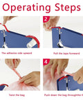 Operating steps for Solid Steel Bag Sealer With Slick Non Slip Base And Seven Rolls Of Sealing Tape, showing tape application process.