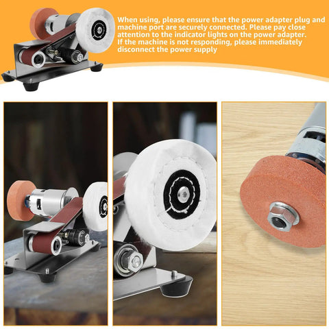Pro Grade Mini Belt Sander And 15 Degree Electric Spindle Knife Sharpener featuring 7 speed settings and detailed view of spindle wheel.