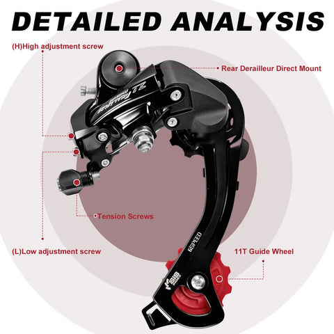 Rear Derailleur Tourney RD TZ500 Six Seven Speed Direct Mount, durable steel with 11T guide wheel, detailed parts analysis