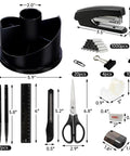 1045 Piece Office Supplies Set Desk Organizer Kit with Rotating Multifunctional Pen Holder and Binder Clips displayed with dimensions.