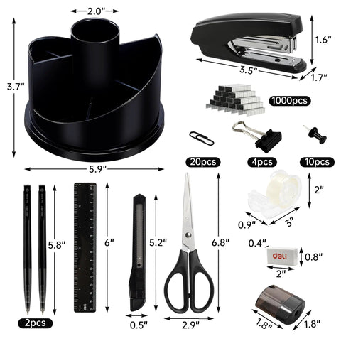 1045 Piece Office Supplies Set Desk Organizer Kit with Rotating Multifunctional Pen Holder and Binder Clips displayed with dimensions.