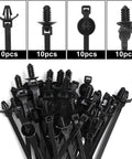 Heavy Duty 40 Pack Push Mount Zip Ties Snap in Nylon Cable Clips for Automotive Wire Harness Management Black Under Hood Fasteners in various angles.