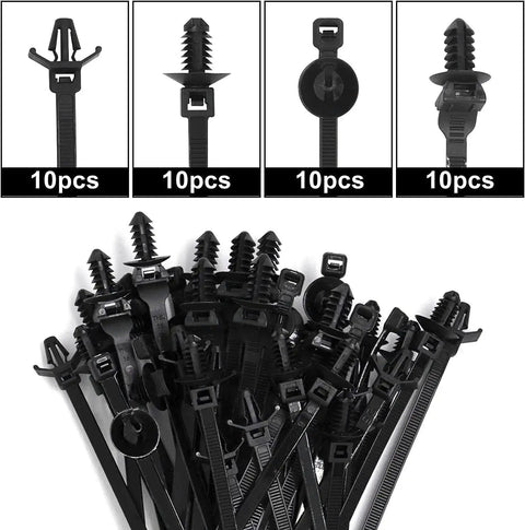 Heavy Duty 40 Pack Push Mount Zip Ties Snap in Nylon Cable Clips for Automotive Wire Harness Management Black Under Hood Fasteners in various angles.