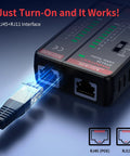 All In One Ethernet Cable Tester For LAN And Telephone Lines RJ45 RJ11 Cables From CAT5 Through CAT7 Quick Continuity Short Open Wire Miswire And Shield Status Detection Great For Home Repair And DIY Tech Pros, black plastic unit with RJ45 and RJ11 ports