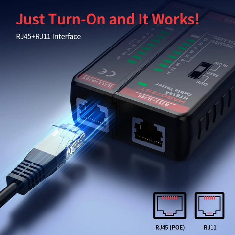 All In One Ethernet Cable Tester For LAN And Telephone Lines RJ45 RJ11 Cables From CAT5 Through CAT7 Quick Continuity Short Open Wire Miswire And Shield Status Detection Great For Home Repair And DIY Tech Pros, black plastic unit with RJ45 and RJ11 ports