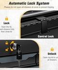 Diagram of automatic lock system for Large Metal Tool Box With Six Drawers And Top Tray, showing lock and unlock mechanisms.