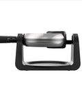 Side view of Four Slice Belgian Waffle Maker With Flip Feature For Evenly Cooked Waffles Cool Touch Locking Handle Silver Finish