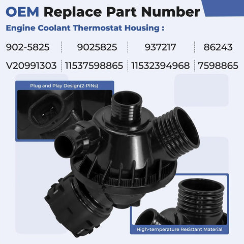OEM Engine Coolant Thermostat Housing with plug and play design, high-temperature resistant material for BMW models.