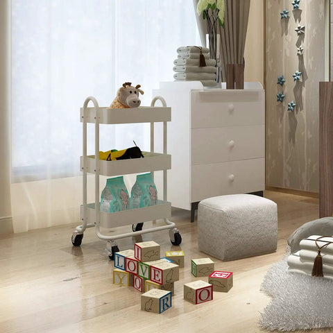 Three Tier Metal Rolling Cart With Wheels, Utility Cart On Casters For Office, Home, Kitchen Or Garden, White Finish, Lockable Casters For Stability