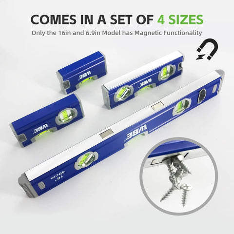 Top Notch 4 Piece Torpedo Level Set Featuring Knockout Accuracy Including 16 7 5 4 Inch Heavy Duty Aluminum Magnetic Spirit Levels for precise leveling.