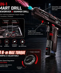 Futuristic Cordless Drill Kit And High Torque Rechargeable Power Tool Set showing a sleek, 2-in-1 smart drill with LED display and adjustable torque.
