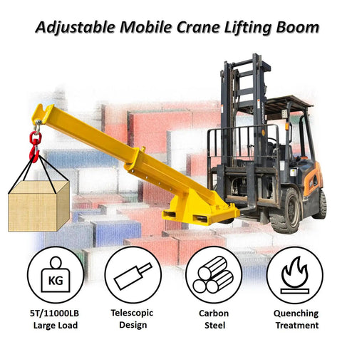 Beat Down Tough 11000 Lb Forklift Jib Boom Crane Telescopic Lifting Hoist Attachment shown lifting a large block with a yellow telescopic arm.