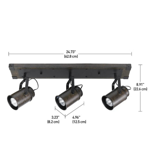 Williamsburg 3-Light Track Lighting With Dark Wood Finish And Metal Accents, Rustic Industrial Style, Pivoting Heads, Dimensions Shown