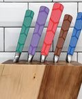 No Sweat Knife Handle Heat Shrink Sleeves 4 Pack Solid Kitchen Cutter Wrap in green, purple, red, brown and blue colors